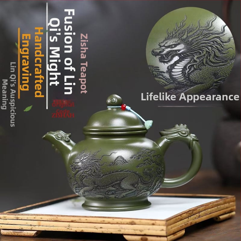 Ceainic Yixing din lut mov purpurie, lucrat manual de un maestru în vârstă, lut verde mineral original, gravură completă cu motiv qilin, set de ceai de înaltă calitate