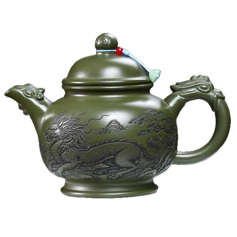 Ceainic Yixing din lut mov purpurie, lucrat manual de un maestru în vârstă, lut verde mineral original, gravură completă cu motiv qilin, set de ceai de înaltă calitate