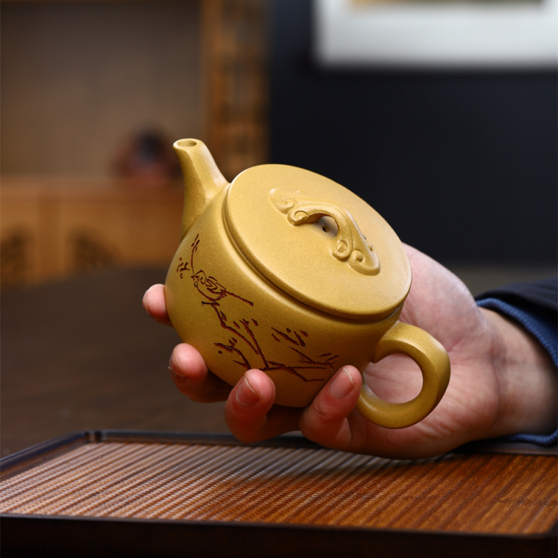 Ceainic Yixing din lut purpuriu, lucrat manual, gură largă, set de ceai pentru casă