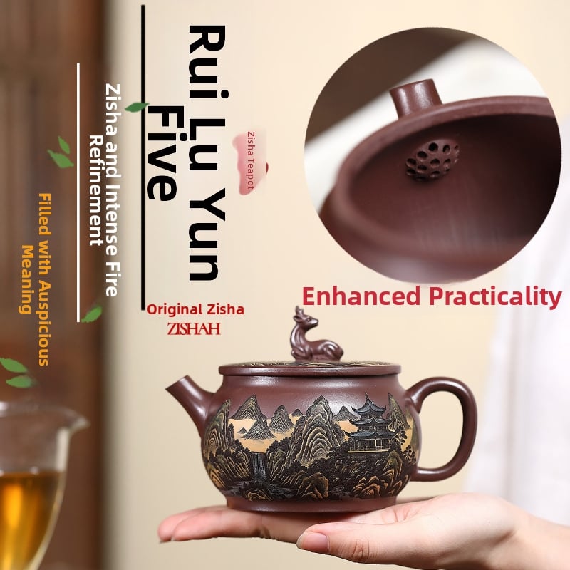 Ceainic din lut purpuriu Yixing, lut purpuriu mineral original, lucrat manual de un meșter în vârstă, gravură color pe întreg corpul, motiv Rui Lu Yun