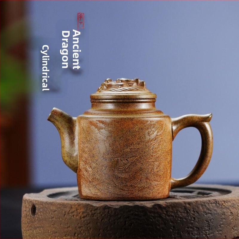 Ceainic din lut mov cu design cilindric dragon, stil kung fu, semi-artizanal, lut mineral original