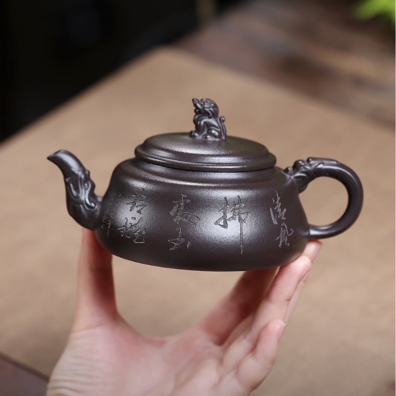 Ceainic Yixing din lut purpuriu cu statuetă leu Qingfeng – lucrat manual de meșteri, set de ceai pentru uz casnic