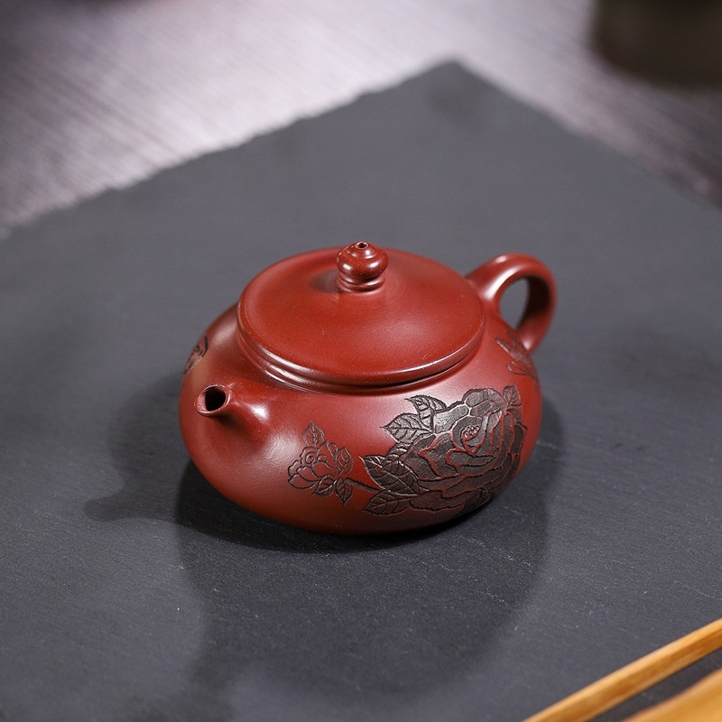 Ceainic de lut purpuriu, din Yixing, gravat Hanjiang cu nisip Dragon Blood, set cadou de ceai