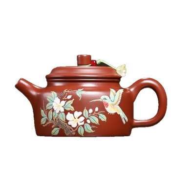 Ceainic Yixing din lut purpuriu nisipos, inspirat de Da Hong Pao, lucrat manual, cu motive de păsări și flori, set Gongfu De Zhong