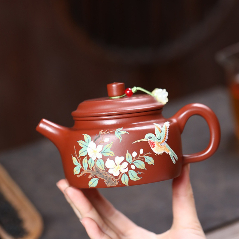 Ceainic Yixing din lut purpuriu nisipos, inspirat de Da Hong Pao, lucrat manual, cu motive de păsări și flori, set Gongfu De Zhong
