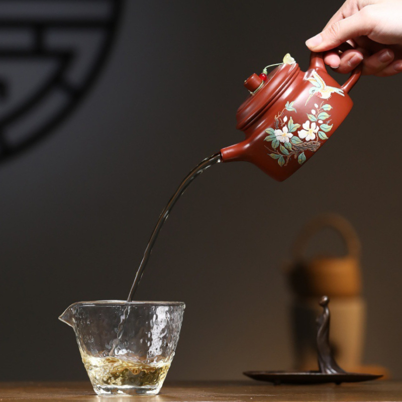 Ceainic Yixing din lut purpuriu nisipos, inspirat de Da Hong Pao, lucrat manual, cu motive de păsări și flori, set Gongfu De Zhong