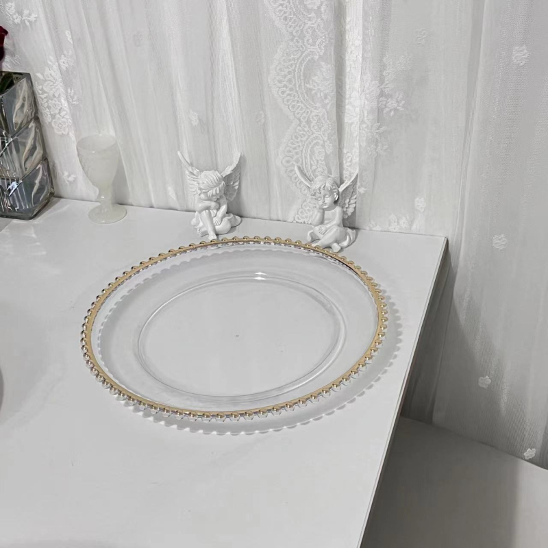 Farfurie transparentă clasică cu margine de mărgele pentru fructe, nunți și decor acasă, tavă decorativă în stil european pentru deserturi și gustări