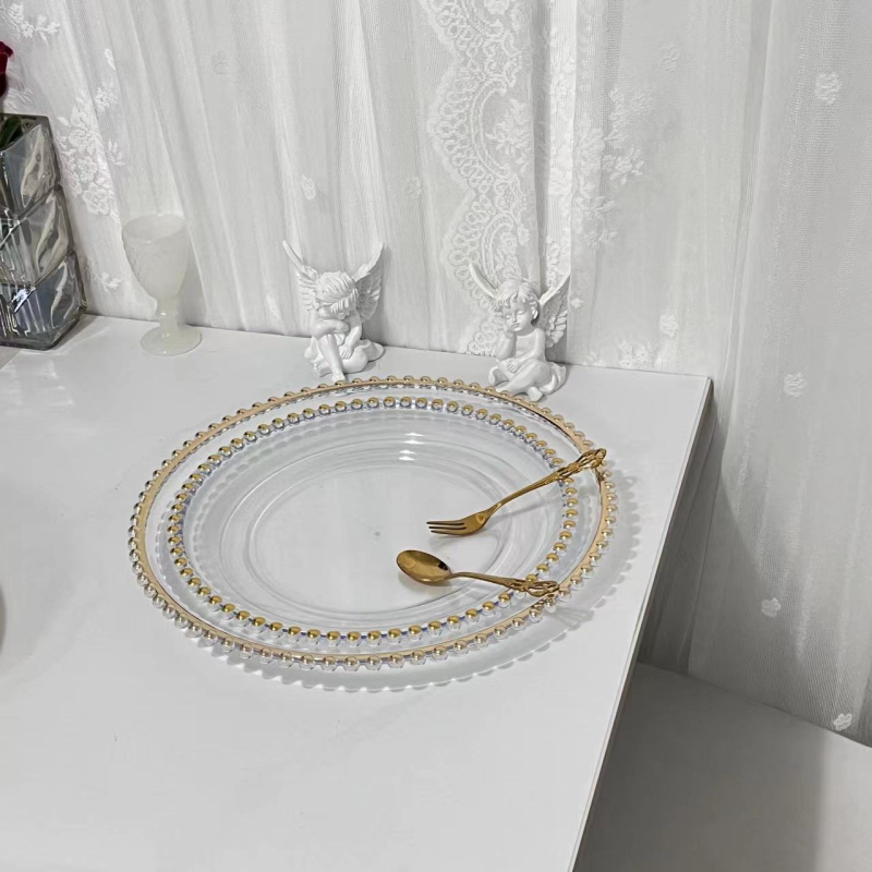 Farfurie transparentă clasică cu margine de mărgele pentru fructe, nunți și decor acasă, tavă decorativă în stil european pentru deserturi și gustări