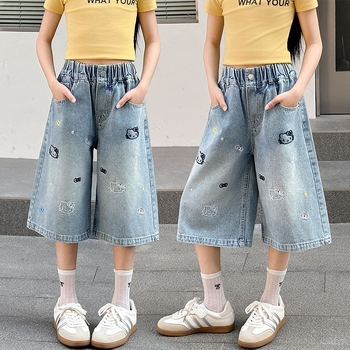 Shorts denim de vară pentru fete, croială lejeră, lungime Capri, 2026