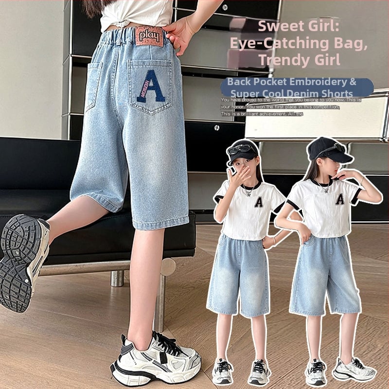 Shorts denim de vară pentru fete, croială lejeră, lungime Capri, 2026