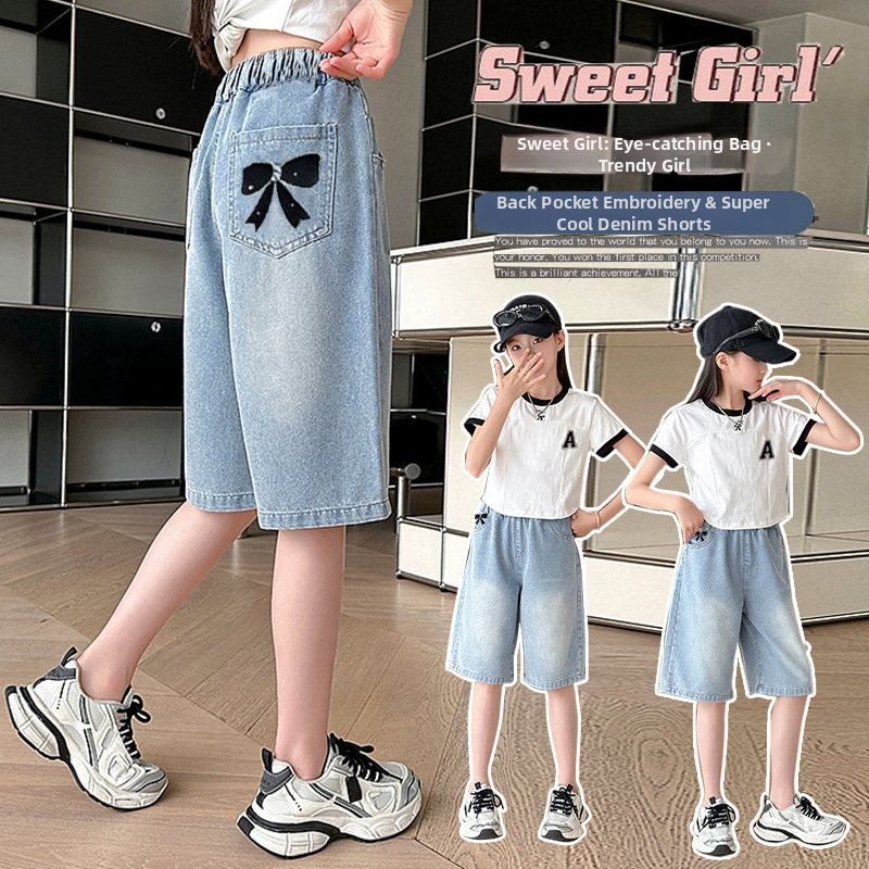 Shorts denim de vară pentru fete, croială lejeră, lungime Capri, 2026