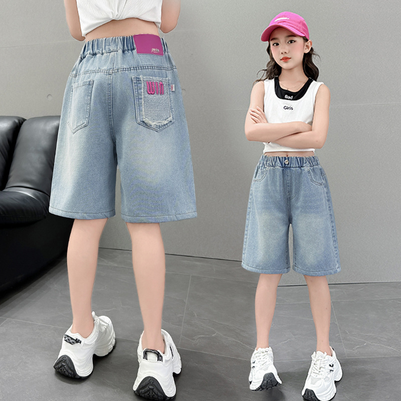 Shorts denim de vară pentru fete, croială lejeră, lungime Capri, 2026