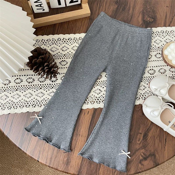 Pantaloni evazați de vară pentru fete, din ice silk cu textură ribată și funda