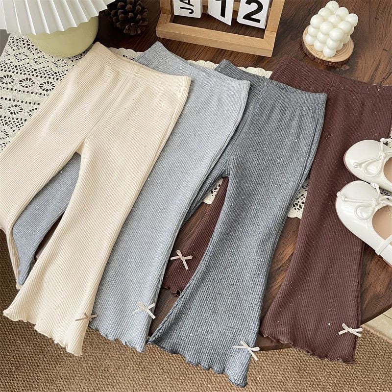 Pantaloni evazați de vară pentru fete, din ice silk cu textură ribată și funda