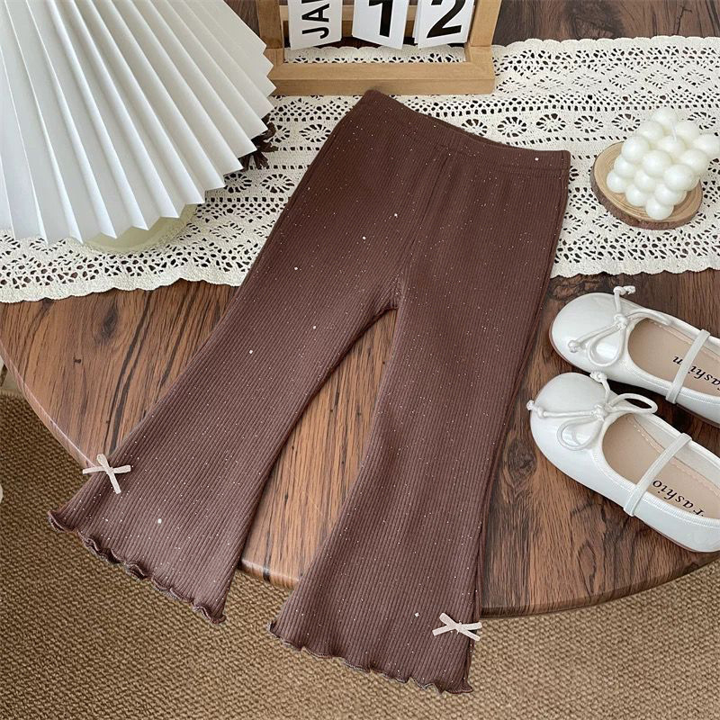 Pantaloni evazați de vară pentru fete, din ice silk cu textură ribată și funda