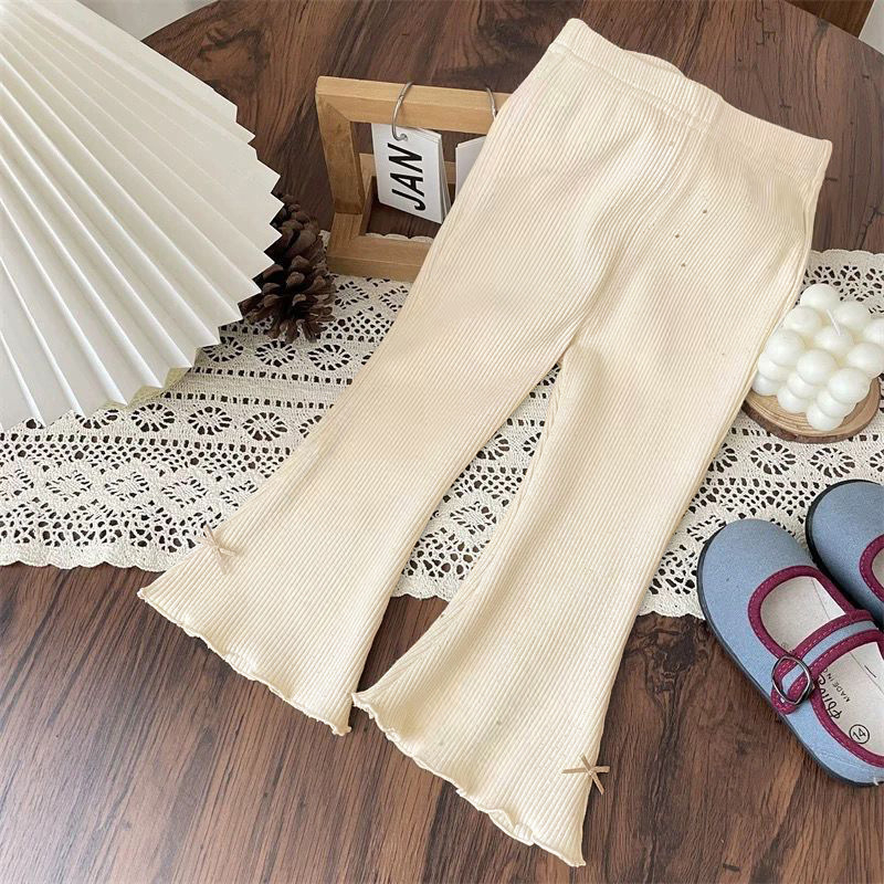 Pantaloni evazați de vară pentru fete, din ice silk cu textură ribată și funda