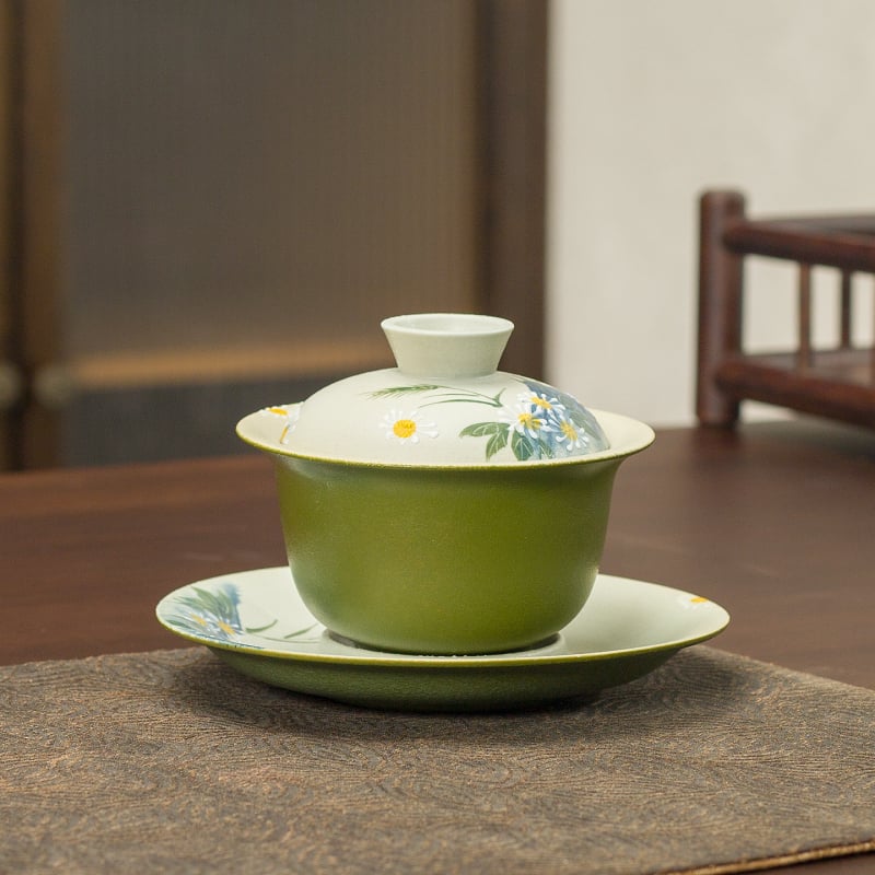 Gaiwan pictat manual, cu motiv mandarin verde, margine floral si glazură verde; ceasca de ceai din ceramică pentru uz casnic
