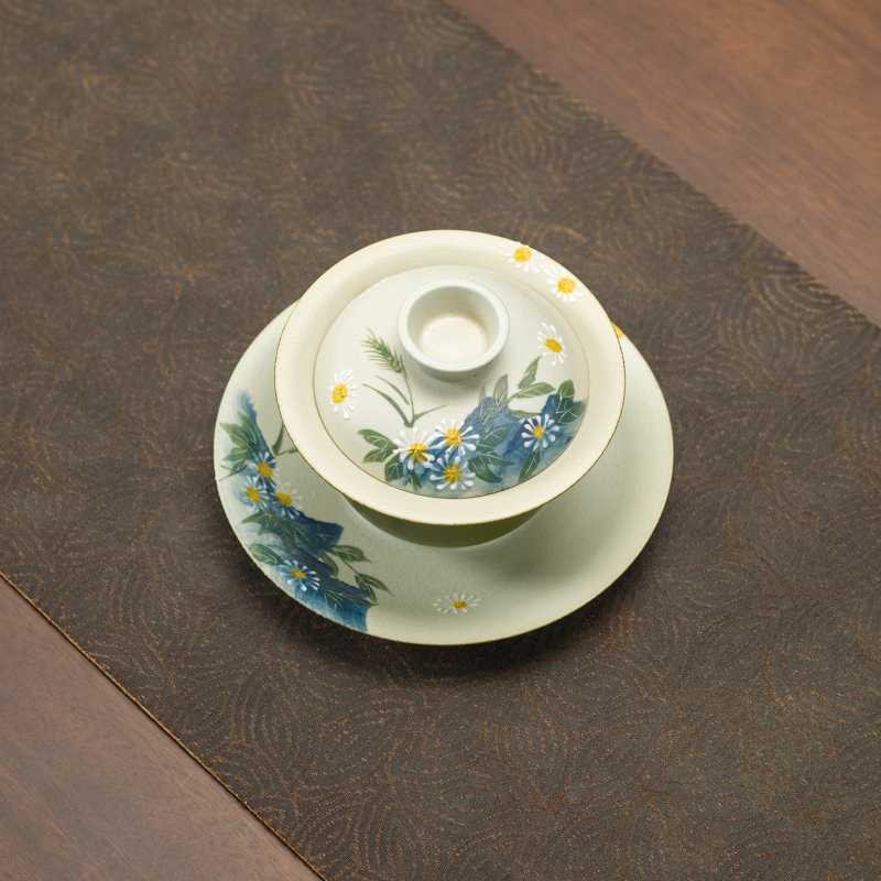 Gaiwan pictat manual, cu motiv mandarin verde, margine floral si glazură verde; ceasca de ceai din ceramică pentru uz casnic