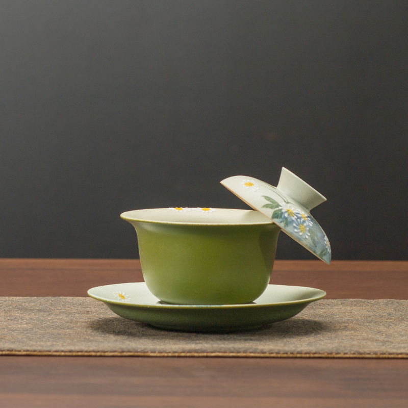 Gaiwan pictat manual, cu motiv mandarin verde, margine floral si glazură verde; ceasca de ceai din ceramică pentru uz casnic