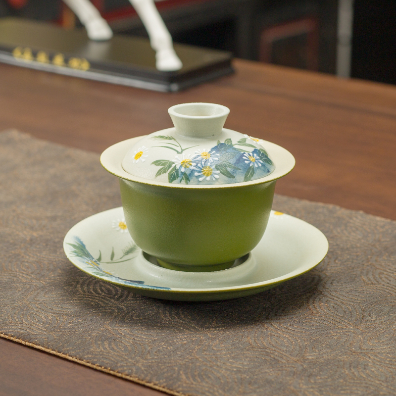 Gaiwan pictat manual, cu motiv mandarin verde, margine floral si glazură verde; ceasca de ceai din ceramică pentru uz casnic