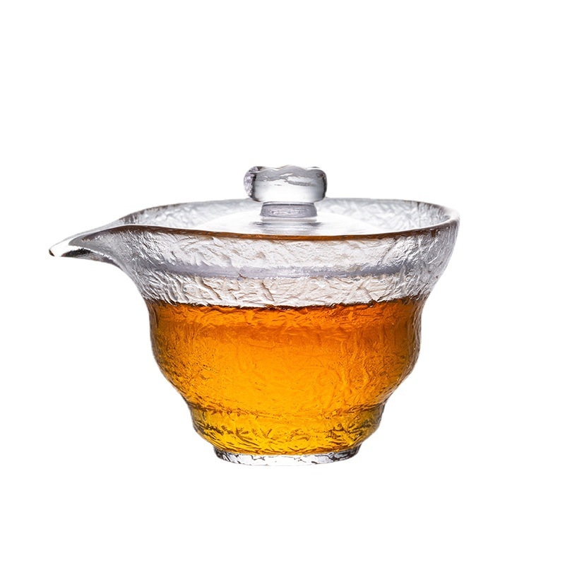 Ceainic din sticlă rezistentă la temperatură, cu capac, bol de ceai cu model ciocănit, vas transparent din trei piese pentru infuzare, capacitate mare, set de ceai Kung Fu