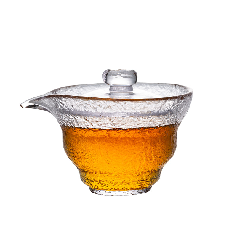 Ceainic din sticlă rezistentă la temperatură, cu capac, bol de ceai cu model ciocănit, vas transparent din trei piese pentru infuzare, capacitate mare, set de ceai Kung Fu