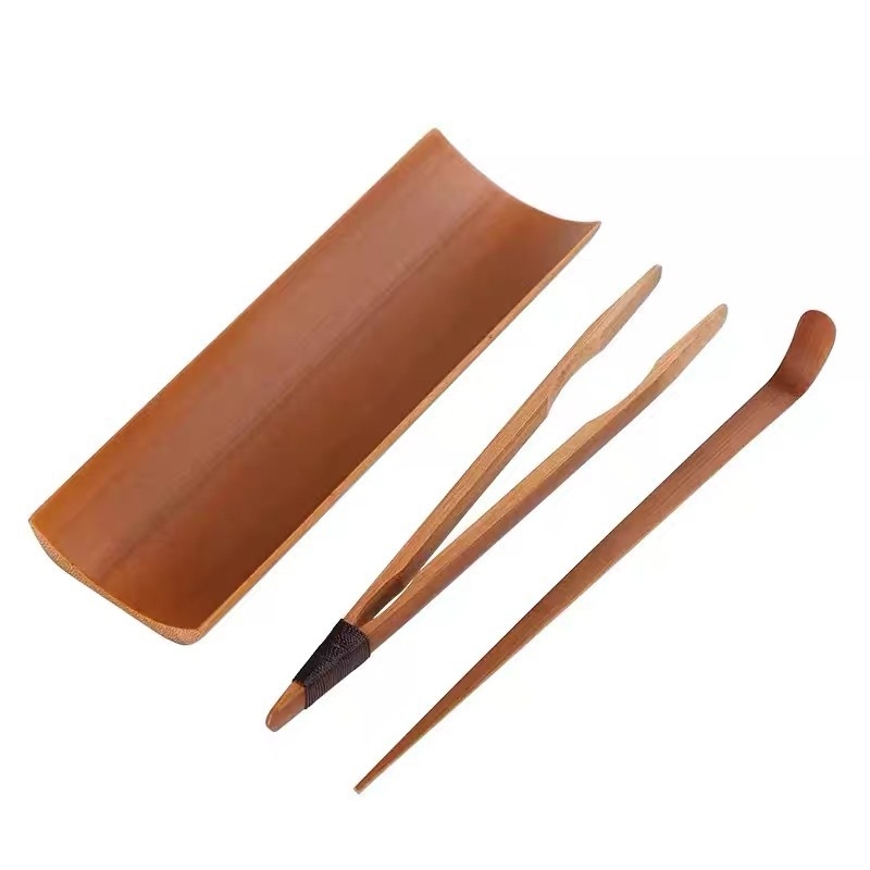 Set de ceai din bambus pentru ceremonial Kung Fu cu accesorii – clemă pentru ceai, ac pentru ceai, linguriță pentru ceai, suport pentru ceai și set cu șase unelte