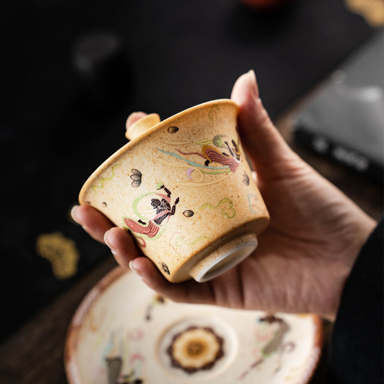 Dunhuang Cultural – Bol de ceai cu capac pentru trei talente, ceașcă unică, seria Flying Apsaras Impression, set Gongfu din porțelan