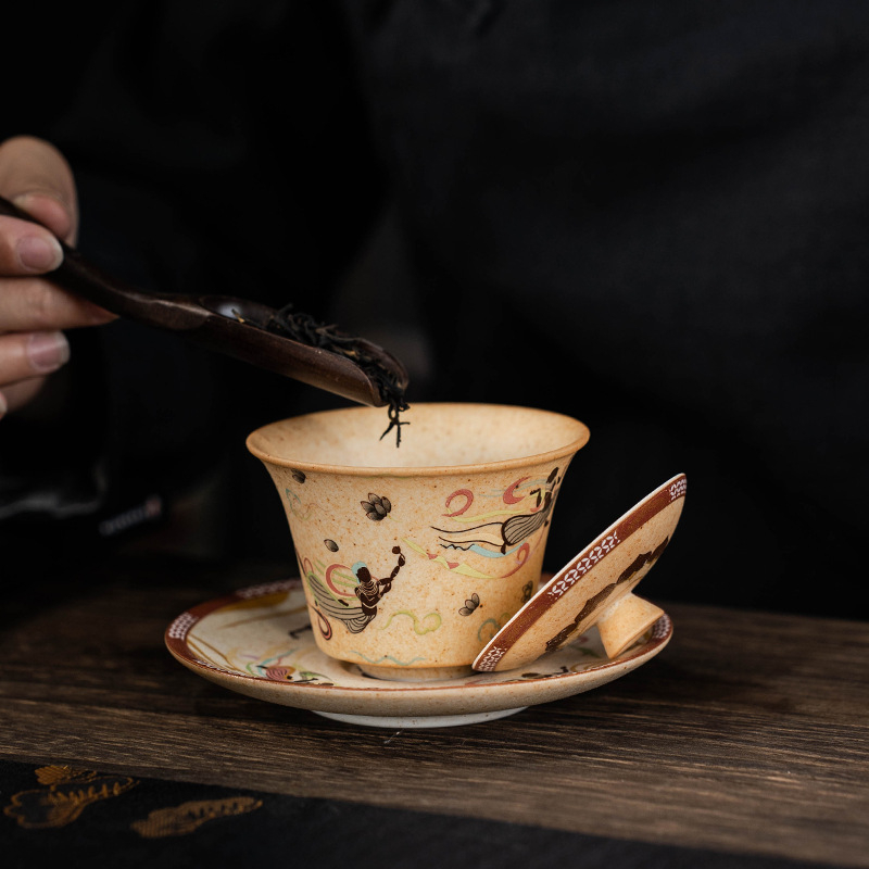 Dunhuang Cultural – Bol de ceai cu capac pentru trei talente, ceașcă unică, seria Flying Apsaras Impression, set Gongfu din porțelan