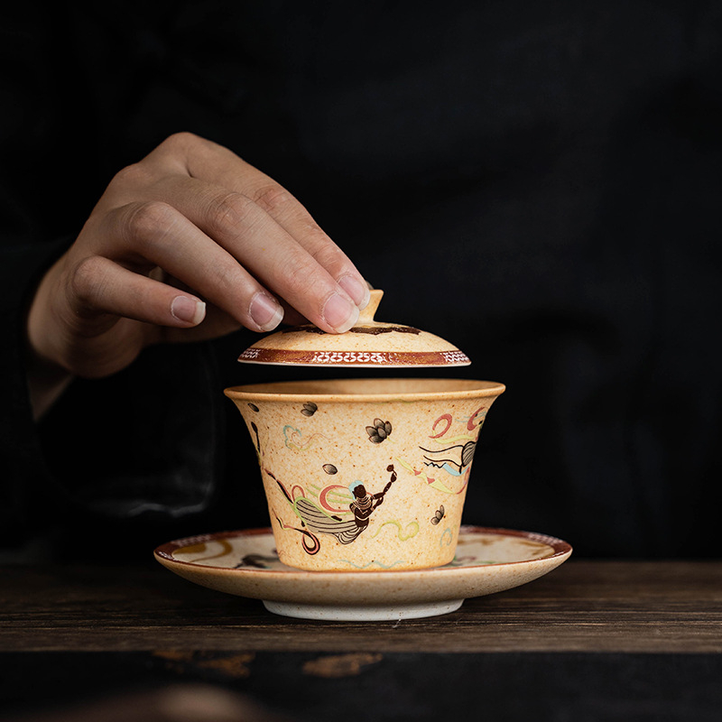 Dunhuang Cultural – Bol de ceai cu capac pentru trei talente, ceașcă unică, seria Flying Apsaras Impression, set Gongfu din porțelan