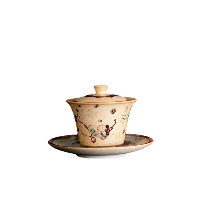 Dunhuang Cultural – Bol de ceai cu capac pentru trei talente, ceașcă unică, seria Flying Apsaras Impression, set Gongfu din porțelan