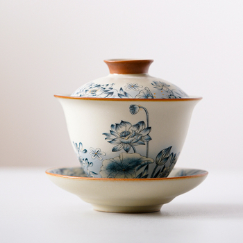 Ru Kiln Sancai Vas de ceai cu capac – Design Lotus, Ceramică, Stil Chinezesc Nou, Set de ceai premium pentru casă