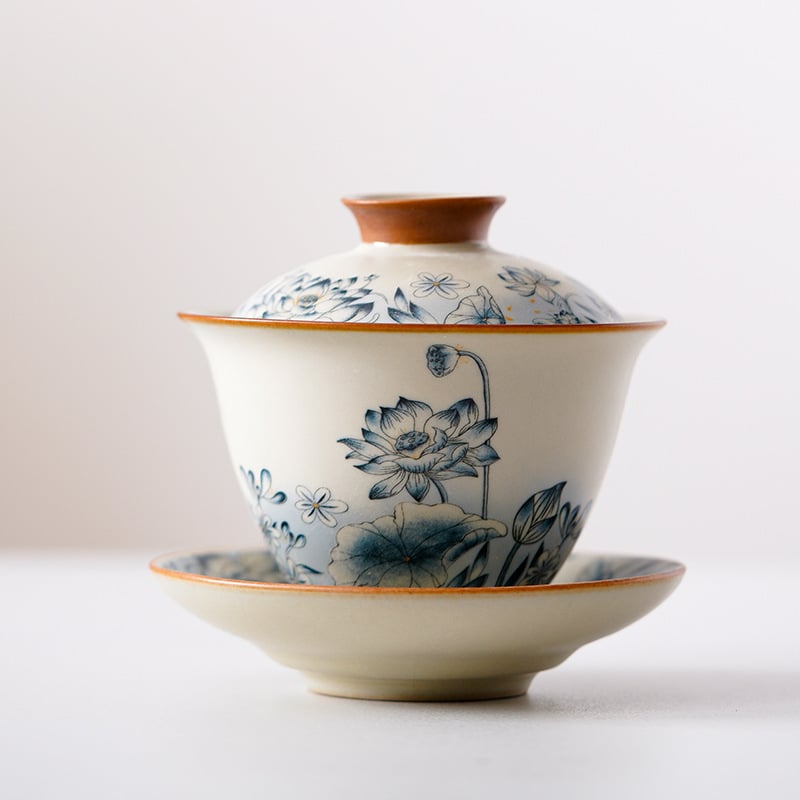 Ru Kiln Sancai Vas de ceai cu capac – Design Lotus, Ceramică, Stil Chinezesc Nou, Set de ceai premium pentru casă