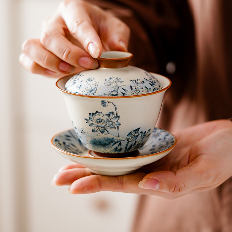 Ru Kiln Sancai Vas de ceai cu capac – Design Lotus, Ceramică, Stil Chinezesc Nou, Set de ceai premium pentru casă