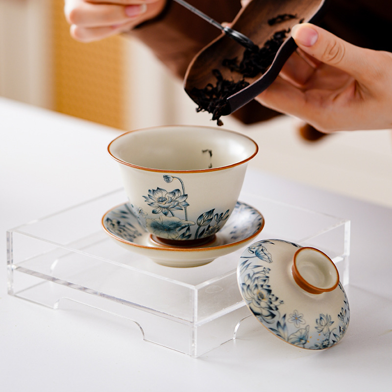Ru Kiln Sancai Vas de ceai cu capac – Design Lotus, Ceramică, Stil Chinezesc Nou, Set de ceai premium pentru casă