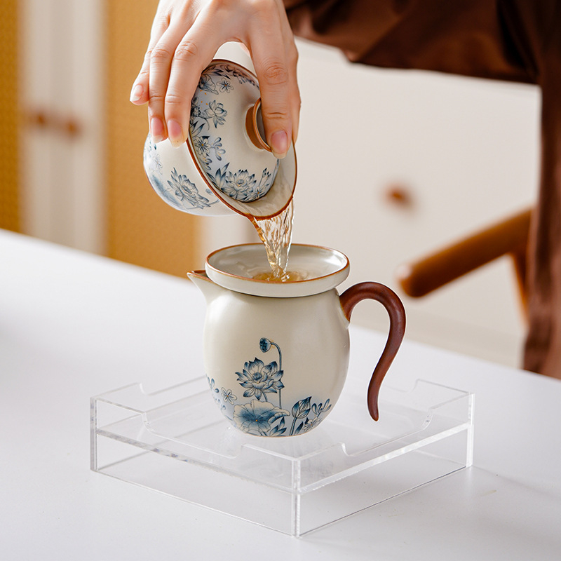 Ru Kiln Sancai Vas de ceai cu capac – Design Lotus, Ceramică, Stil Chinezesc Nou, Set de ceai premium pentru casă