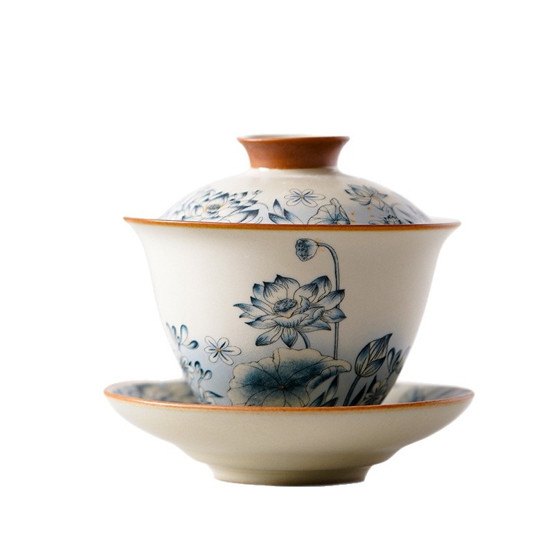 Ru Kiln Sancai Vas de ceai cu capac – Design Lotus, Ceramică, Stil Chinezesc Nou, Set de ceai premium pentru casă