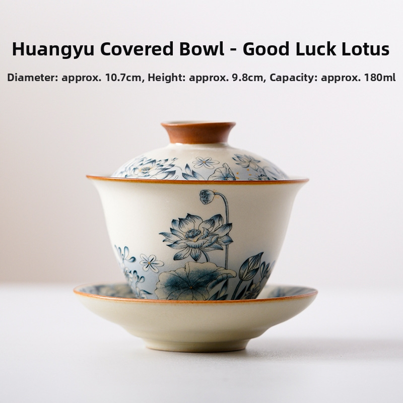 Ru Kiln Sancai Vas de ceai cu capac – Design Lotus, Ceramică, Stil Chinezesc Nou, Set de ceai premium pentru casă