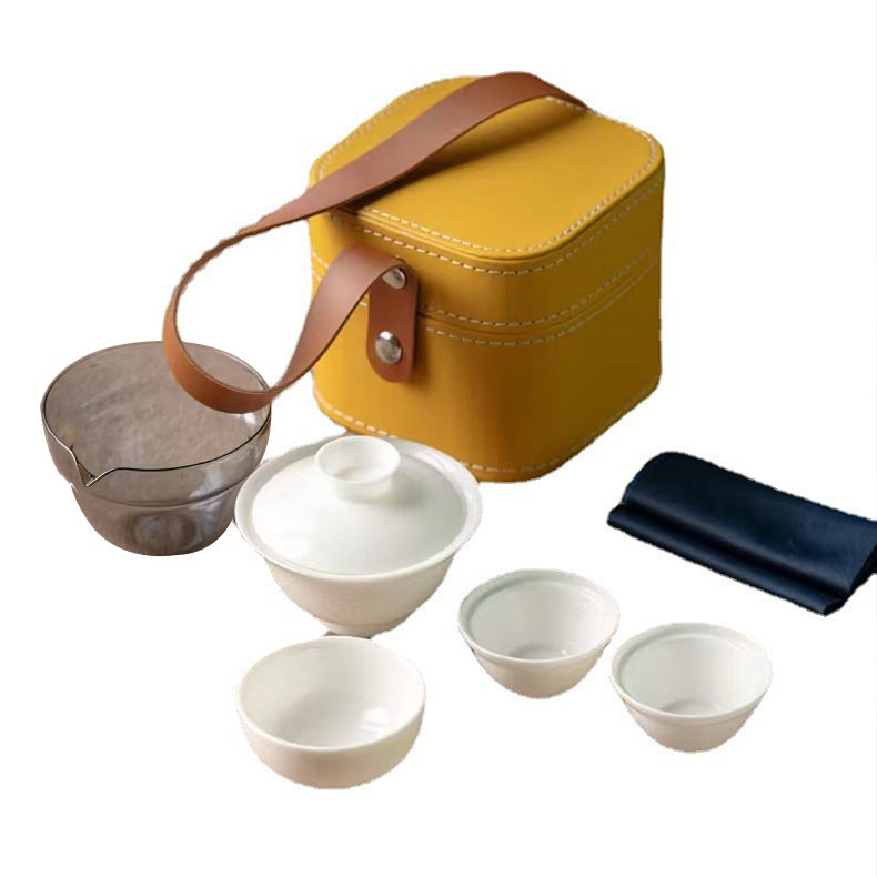 Set Gongfu pentru călătorii cu gaiwan din trei părți - ceramic, o oală și trei cești, portabil