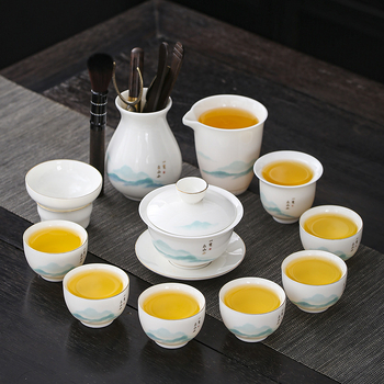 Shengxiang set de ceai ceramic – motiv munte asemănător jadului, 11 piese, include boluri mici cu capac și ceașcă principală, plus șase cești pentru domni
