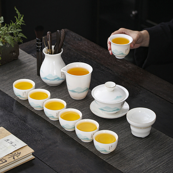 Shengxiang set de ceai ceramic – motiv munte asemănător jadului, 11 piese, include boluri mici cu capac și ceașcă principală, plus șase cești pentru domni