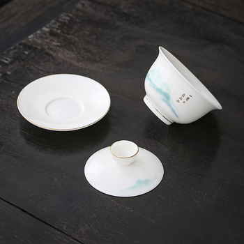 Shengxiang set de ceai ceramic – motiv munte asemănător jadului, 11 piese, include boluri mici cu capac și ceașcă principală, plus șase cești pentru domni