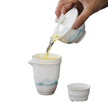 Shengxiang set de ceai ceramic – motiv munte asemănător jadului, 11 piese, include boluri mici cu capac și ceașcă principală, plus șase cești pentru domni