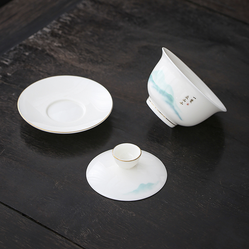 Shengxiang set de ceai ceramic – motiv munte asemănător jadului, 11 piese, include boluri mici cu capac și ceașcă principală, plus șase cești pentru domni