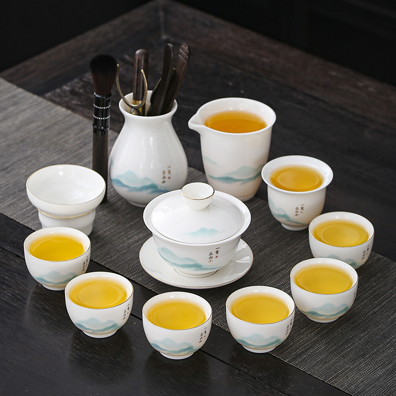 Shengxiang set de ceai ceramic – motiv munte asemănător jadului, 11 piese, include boluri mici cu capac și ceașcă principală, plus șase cești pentru domni