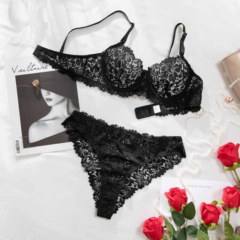Lenjerie din dantelă cu sârmă sub sân, susținere, sutien decupat sexy și chiloți, set din două piese