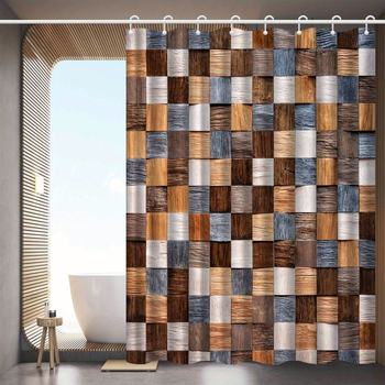 Cortină de duș în stil scandinav minimalist, model geometric cu lemn, poliester, cu cârlige, lavabilă la mașină