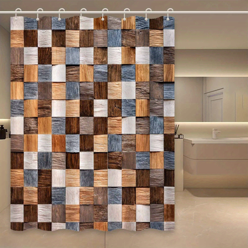 Cortină de duș în stil scandinav minimalist, model geometric cu lemn, poliester, cu cârlige, lavabilă la mașină