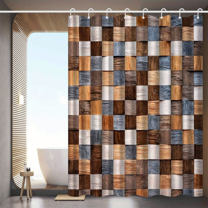 Cortină de duș în stil scandinav minimalist, model geometric cu lemn, poliester, cu cârlige, lavabilă la mașină