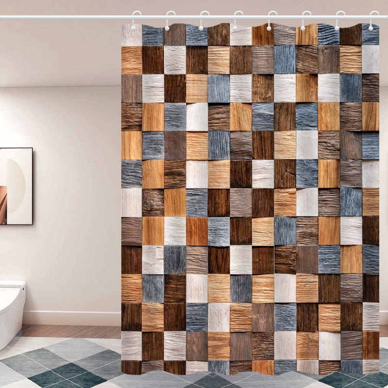 Cortină de duș în stil scandinav minimalist, model geometric cu lemn, poliester, cu cârlige, lavabilă la mașină